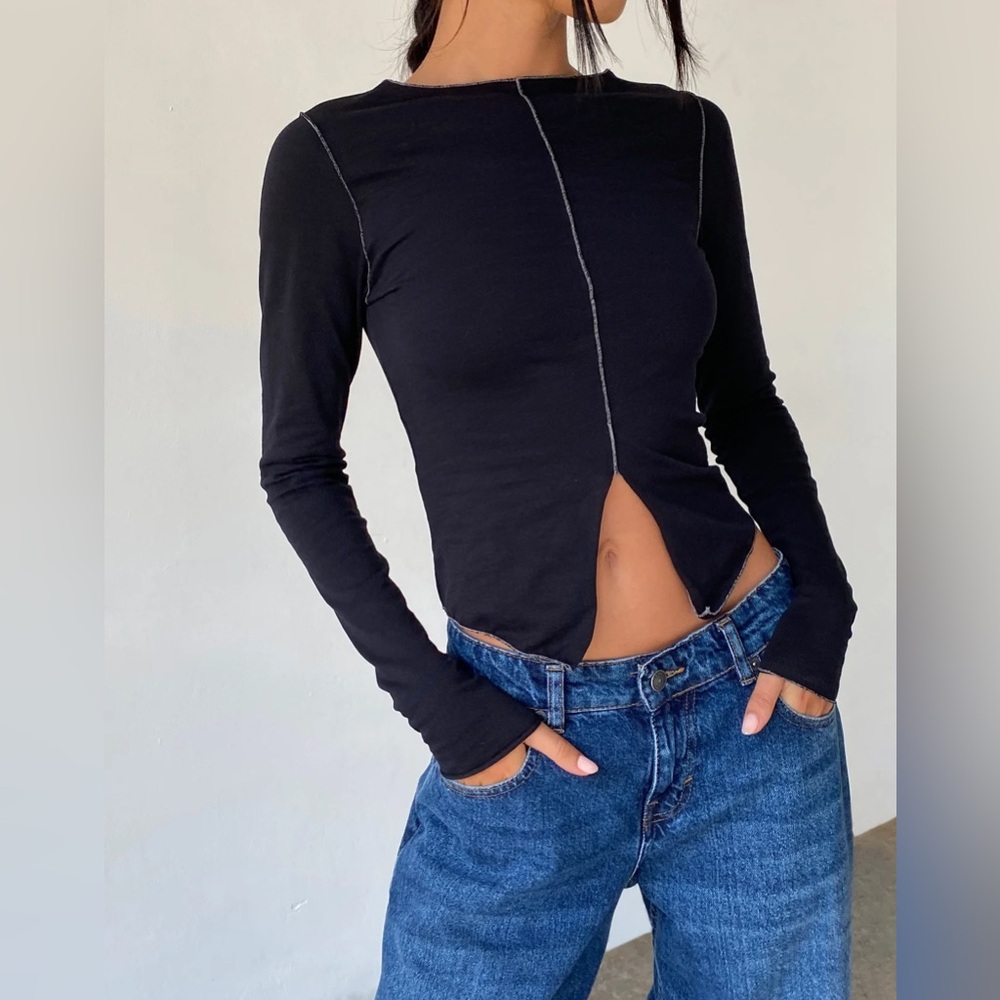 motel rocks Fenrin Long Sleeve Butterfly Jersey Top In Black slit open